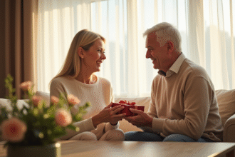 Couple mature échangeant des cadeaux dans un salon lumineux