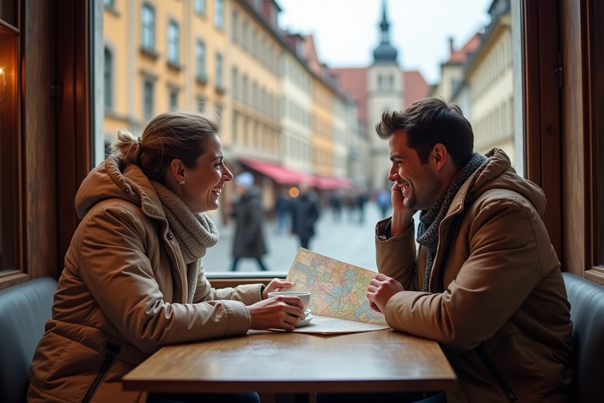 Couple riant dans un café avec vue sur une place européenne