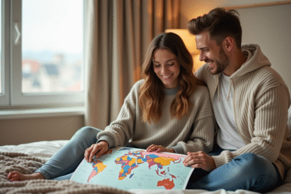 Jeune couple regardant une carte du monde dans une chambre chaleureuse