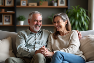 Couple souriant assis dans leur salon chaleureux