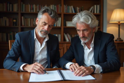 Couple élégant examinant un contrat de mariage dans un bureau notarial