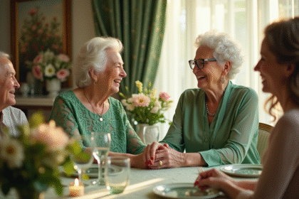Couple de seniors souriants lors d un repas de famille avec décoration verte