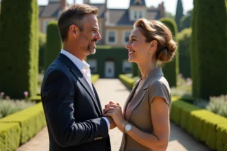 Couple élégant dans un jardin historique lors d'un événement