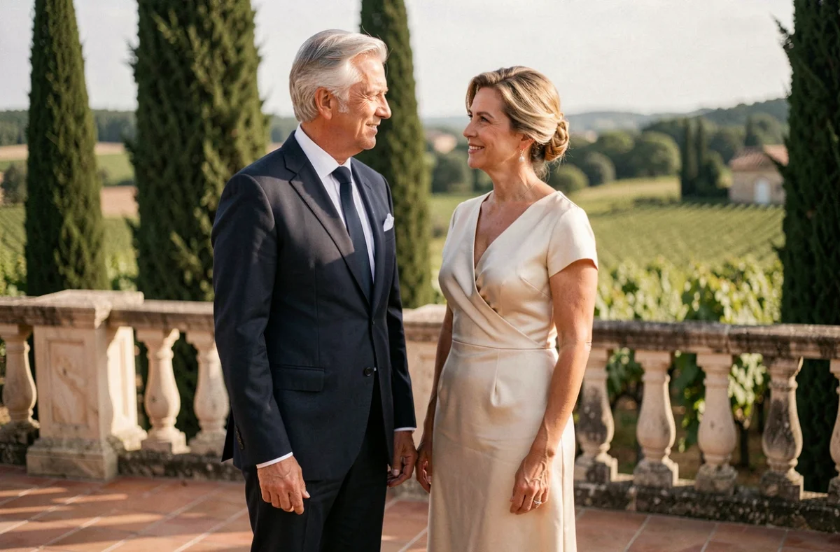 Couple élégant en tenue de cérémonie sur une terrasse de mas provençal avec cyprès et vue sur vignobles lors d'un mariage en Provence