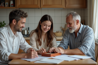 Jeune couple en famille examinant un coffret à bijoux
