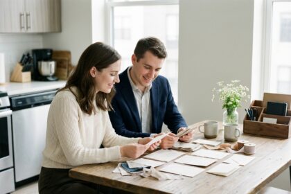 Jeune couple choisissant des invitations de mariage modernes