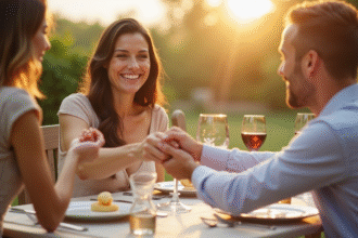 Couple mature souriant lors d un repas en plein air