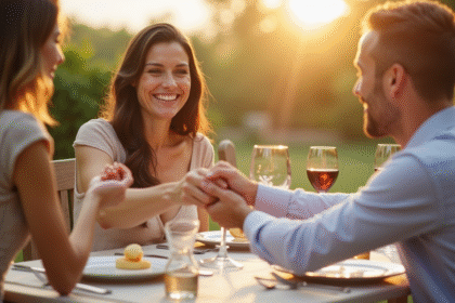 Couple mature souriant lors d un repas en plein air