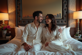 Jeune couple en pyjama dans une suite d'hôtel élégante