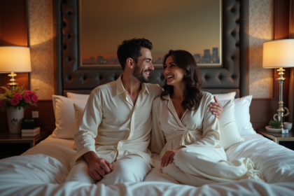 Jeune couple en pyjama dans une suite d'hôtel élégante