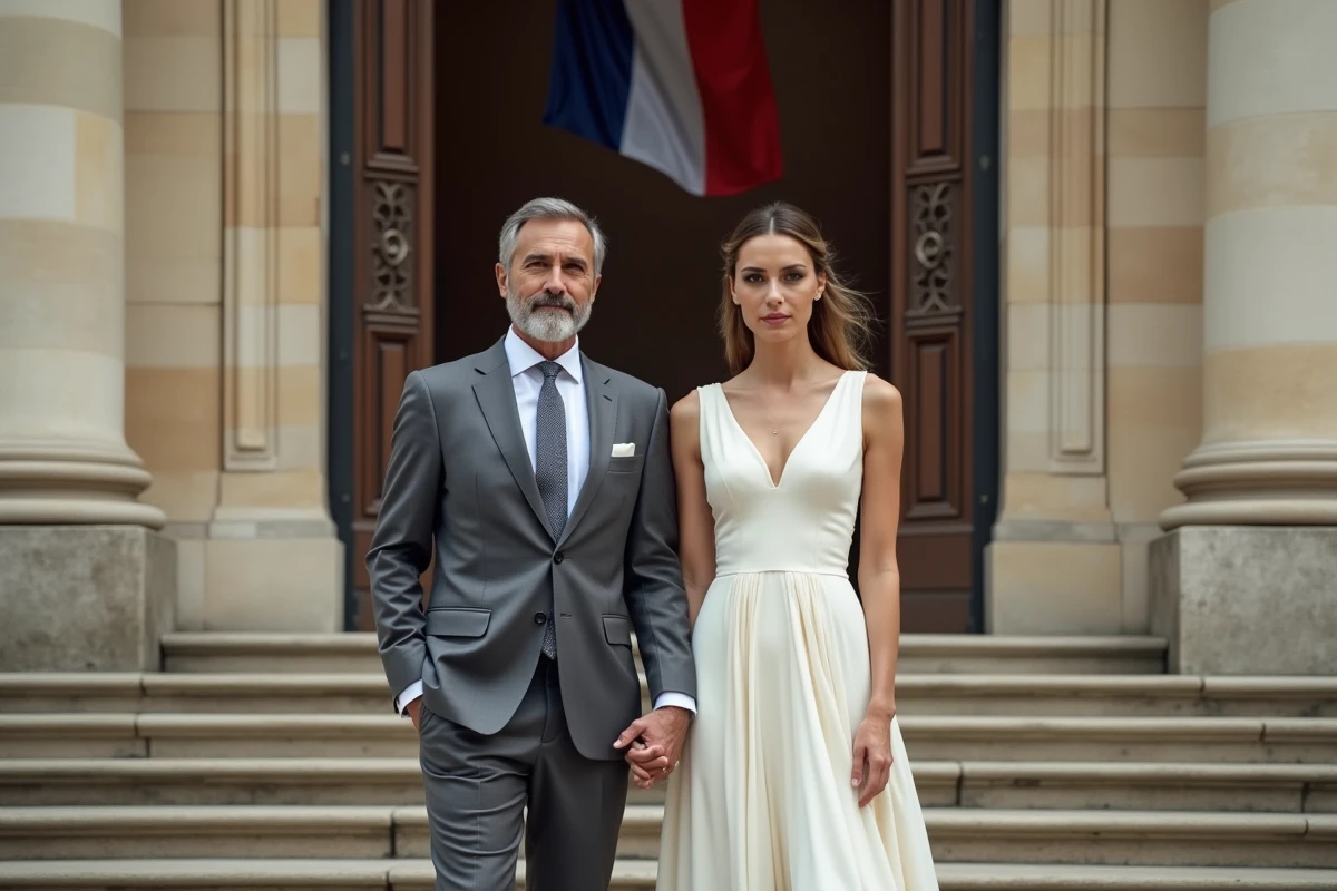 Couple en tenue formelle devant la mairie française lors d'une cérémonie officielle