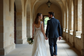 Jeune couple marié dans un château français historique