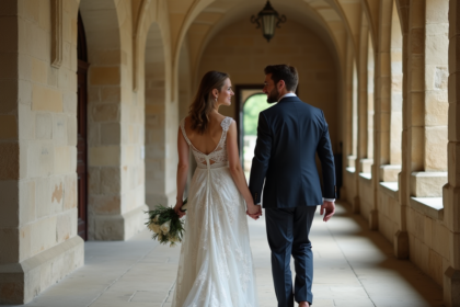 Jeune couple marié dans un château français historique