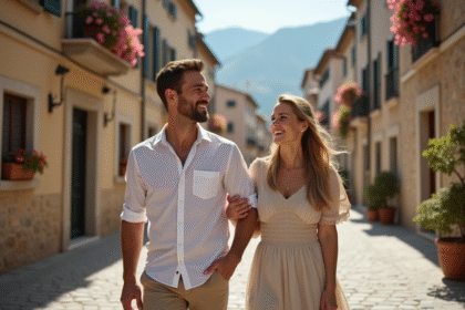 Jeune couple marié se promenant dans une ville européenne