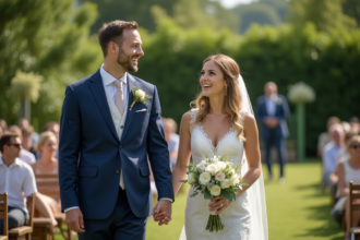 Jeune couple marié dans un jardin lors d'une cérémonie d'été