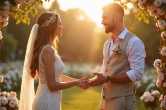 Couple heureux échangeant leurs vœux dans un jardin ensoleille