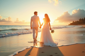 Couple marié main dans la main sur une plage tropicale au lever du soleil