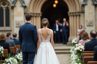 Jeune couple de mariage avec quatuor à l'eglise en extérieur