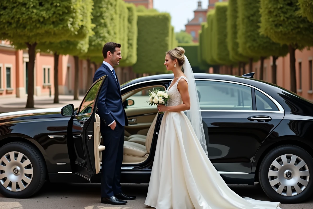 Couple de mariés sortant d'une voiture avec chauffeur noire décorée d'un ruban blanc dans une place emblématique de Toulouse le jour de leur mariage