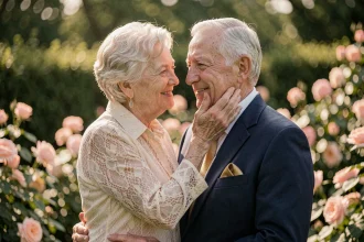 Couple de personnes âgées se regardant tendrement dans un jardin fleuri pour leurs noces d'or