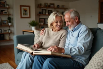 Couple d'âge moyen feuilletant un album photo nostalgique