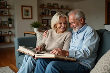 Couple d'âge moyen feuilletant un album photo nostalgique