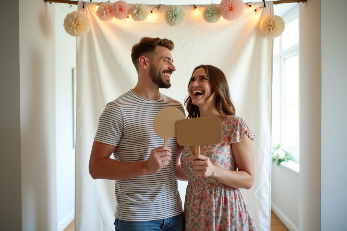 Couple amusant posant devant un photobooth fait maison avec fond tissu blanc et guirlandes de pompons pastel