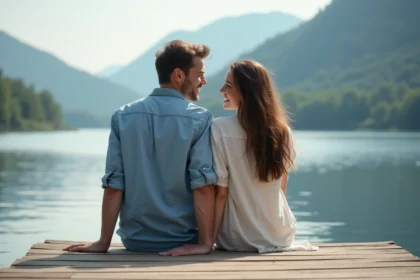 Jeune couple assis sur un ponton au lac de montagne en été