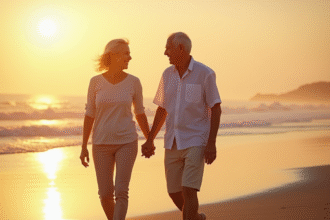 Couple âgé main dans la main sur la plage au coucher de soleil