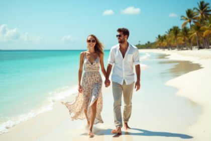 Jeune couple souriant sur une plage tropicale