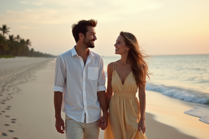 Jeune couple heureux sur une plage tropicale au coucher du soleil