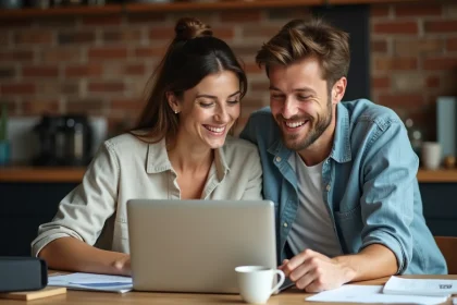 Couple planifiant leur playlist de mariage ensemble autour d'un ordinateur portable et de notes manuscrites dans un appartement chaleureux