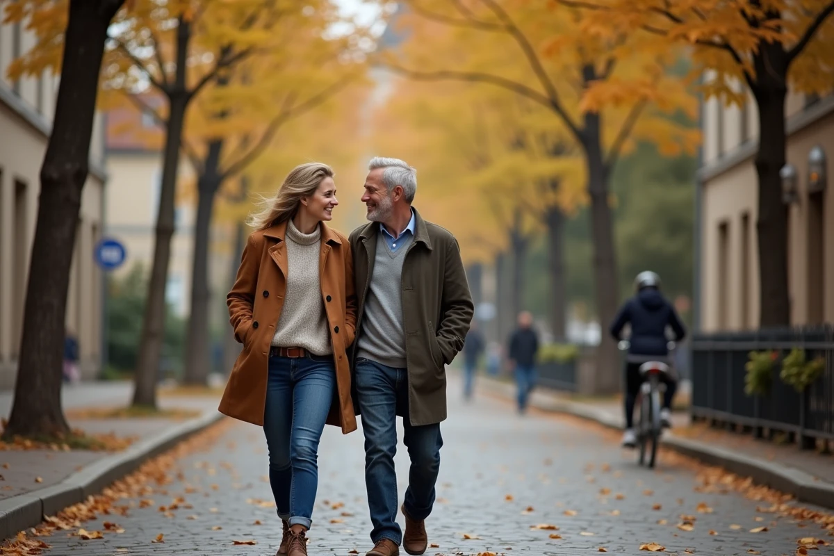 Couple se promenant dans une rue pavée française en automne, illustrant la vie de couple discrète et complice