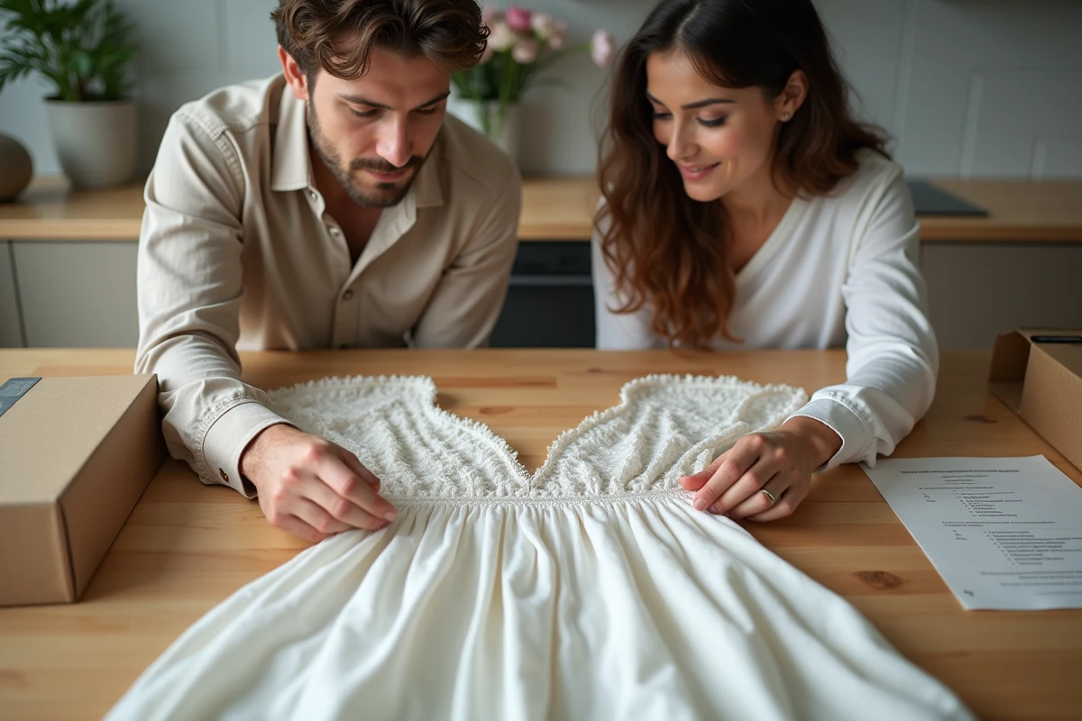 Jeune couple examinant une robe de mariage bohème sur la table de cuisine