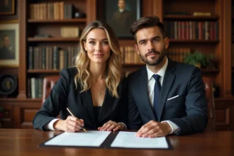 Couple élégant signant des documents dans un bureau notarial