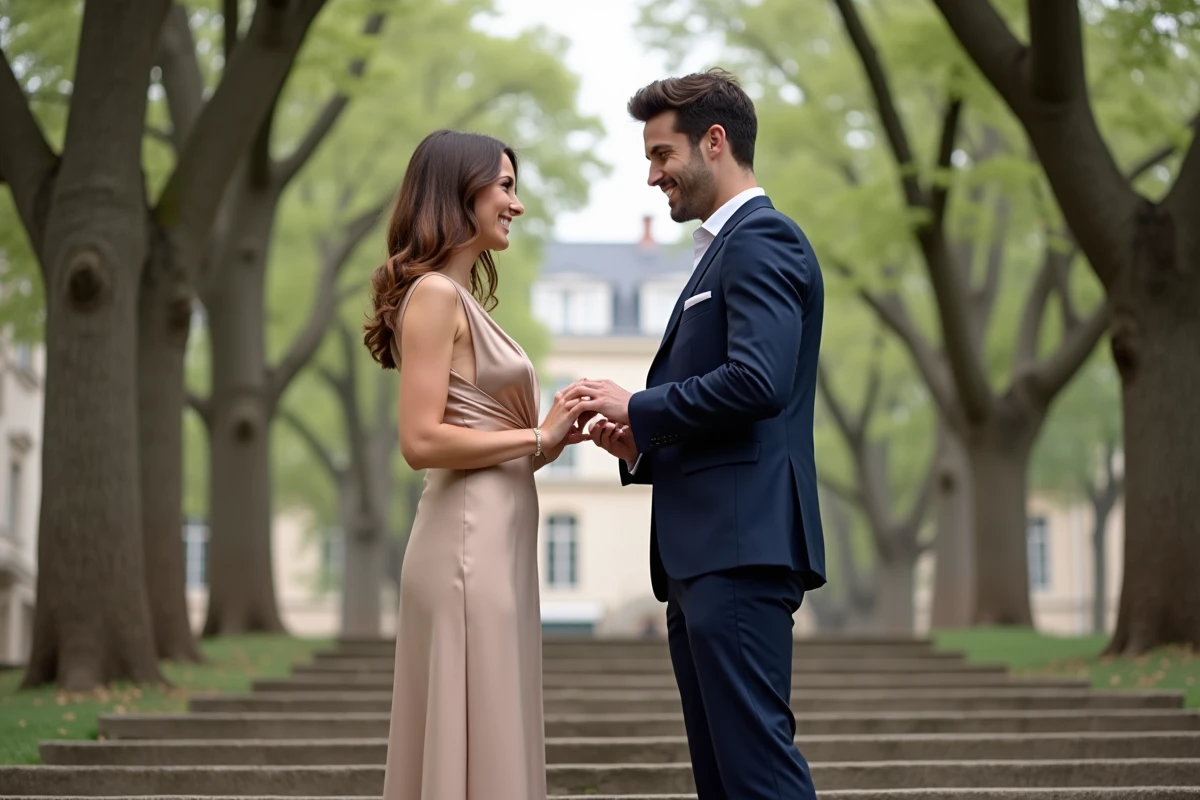 Couple élégant en tenue de mariage civil sur les marches d'une mairie française