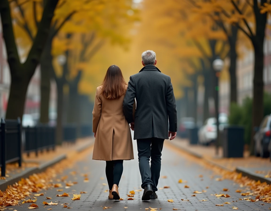 Couple se promenant dans une rue parisienne en automne, illustrant la tension entre vie privée et curiosité publique autour du mariage de Judith Waintraub