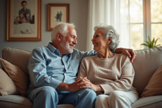 Couple âgé souriant sur un canapé chaleureux