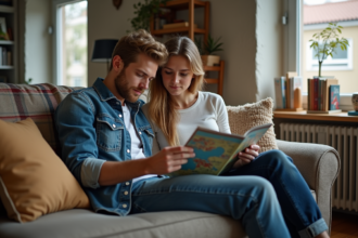 Jeune couple regardant un brochure de voyage à la maison