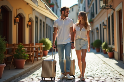 Jeune couple voyageant en Europe sur une rue pavée