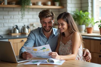Jeune couple souriant dans une cuisine lumineuse pour un article voyage