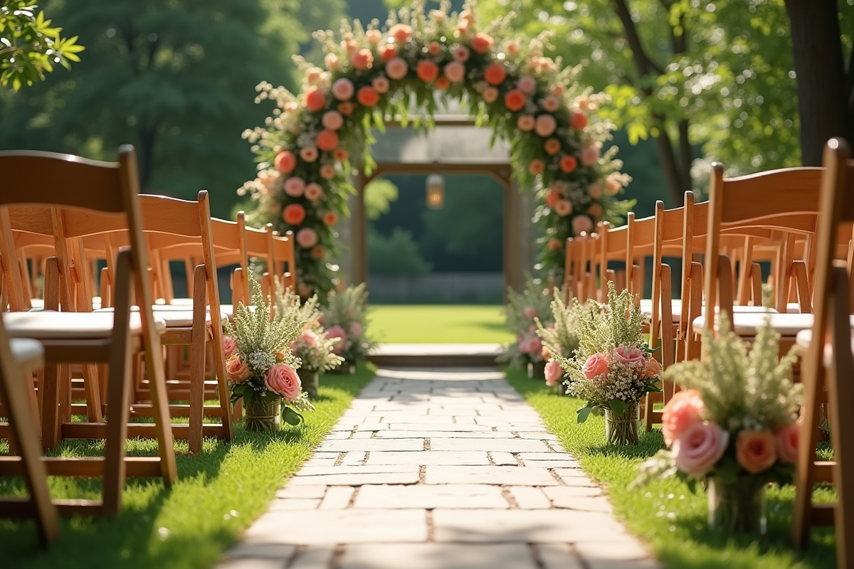 Cérémonie de mariage en extérieur avec chaises fleuries et arche florale