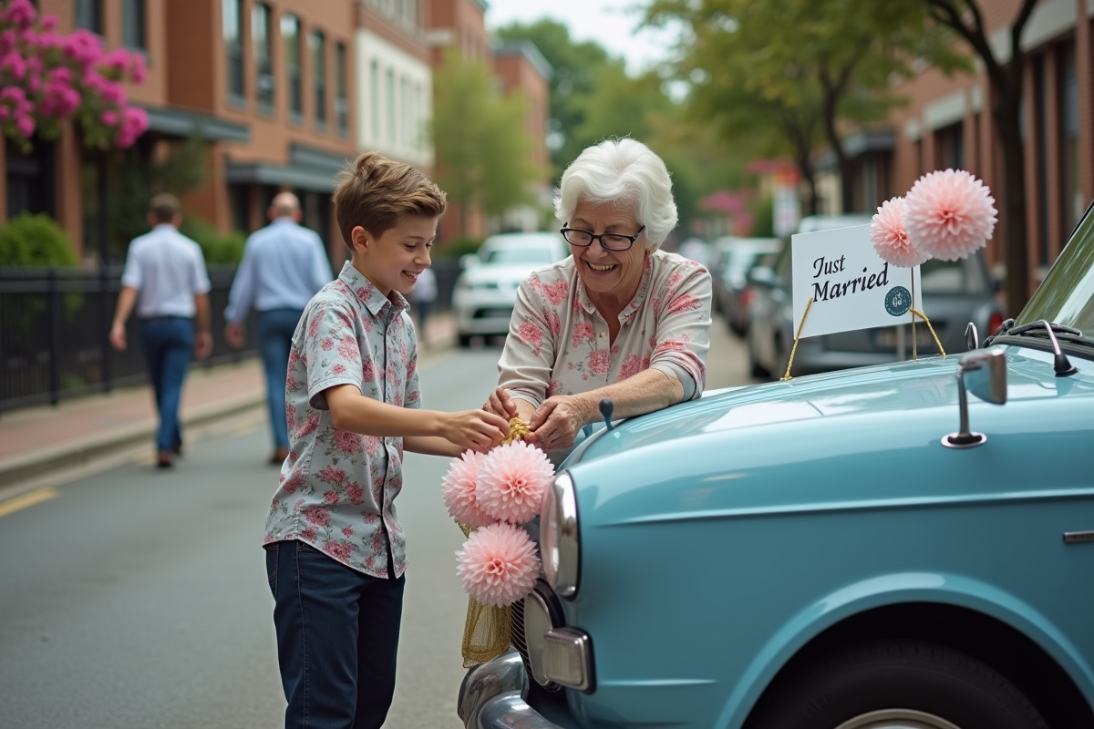 Personnes decorant une voiture vintage pour un mariage urbain