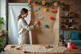 Femme décorant un photobooth DIY avec des accessoires en papier colorés et une toile de fond en kraft naturel