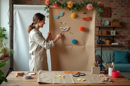 Femme décorant un photobooth DIY avec des accessoires en papier colorés et une toile de fond en kraft naturel
