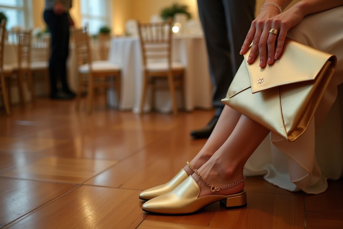Détail de chaussures dorées à talons et bijoux dorés assortis lors d'une réception de mariage en salle
