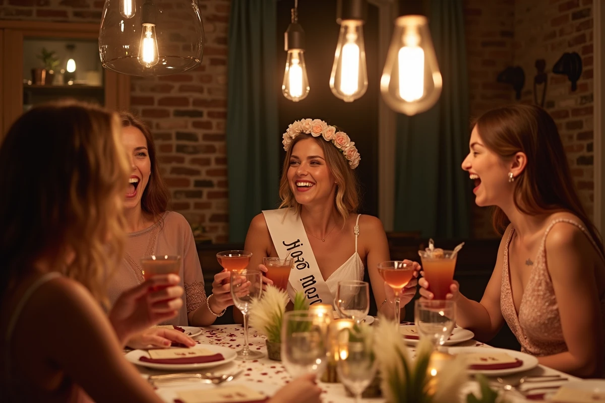 Future mariée entourée de ses amies lors d'un dîner EVJF décoré à la maison le soir