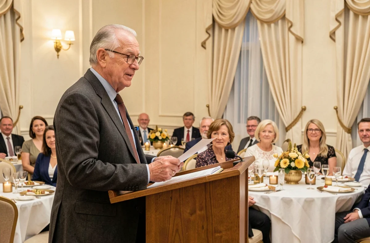 Homme âgé prononçant un discours émouvant lors d'une réception de noces d'or