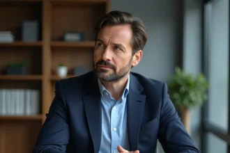 Homme en costume discret assis à un bureau minimaliste, regard distant, illustrant la retenue médiatique d'un personnage public