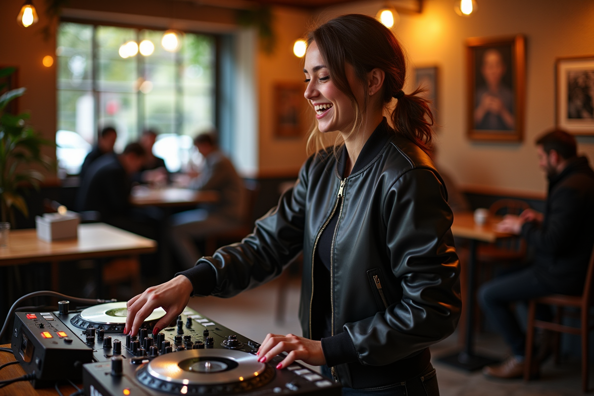 DJ femme riant en discutant dans un café convivial